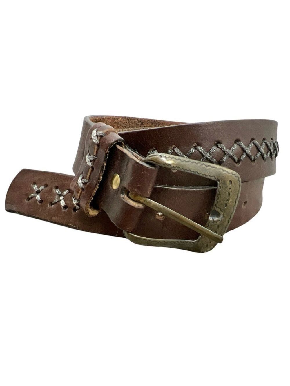 Vintage Enrico brown leather boho western saddle stitch filigree belt S